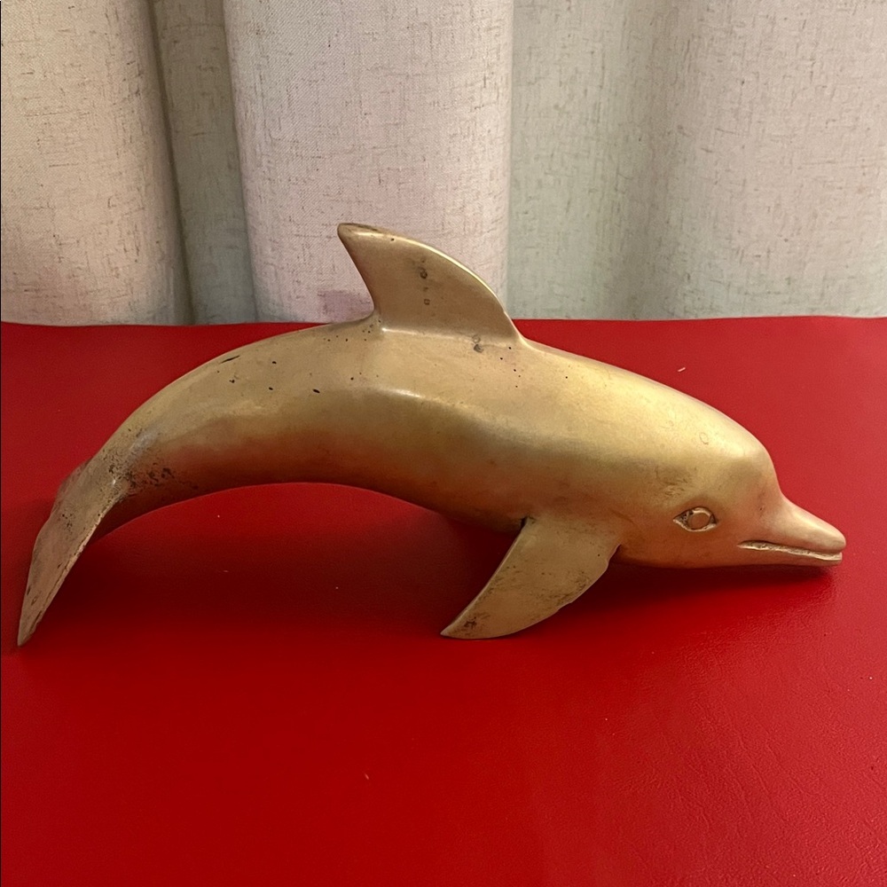 LARGE HEAVY VINTAGE BRASS DOLPHIN SCULPTURE - 11” LONG